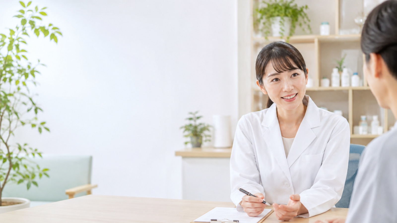 相談を受ける薬剤師と来客