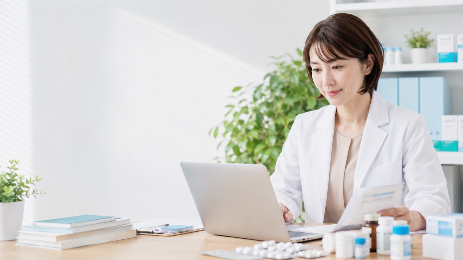 ノートPCと薬を前に業務にあたる薬剤師